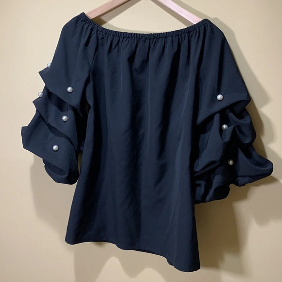 MSK Puffy bubble sleeve Pearl studded blouse black size medium off the shoulder - Picture 5 of 7